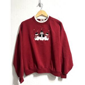 Vintage Top Stitch Sweatshirt Large Burgundy Snowman Embroidered Christmas